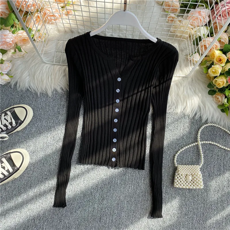 Knitted Tees Solid Black Casual Long Sleeve Vintage Green Tops For Women Pink Mujer Camisetas Striped Tshirt Female Clothing