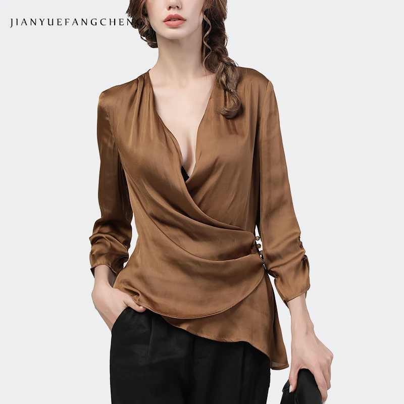 Fashion Brown Satin Blouse Women Tops Deep V-Neck Long Sleeve Crossed Button Up Solid Color Sexy Female Casual Party Blouses