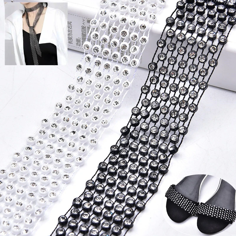 SS12 Stretch Rhinestone Mesh Crystal in Black/White Lace Trim Wedding Dress Belt Decoration DIY Women Necktie Shoes Clothes