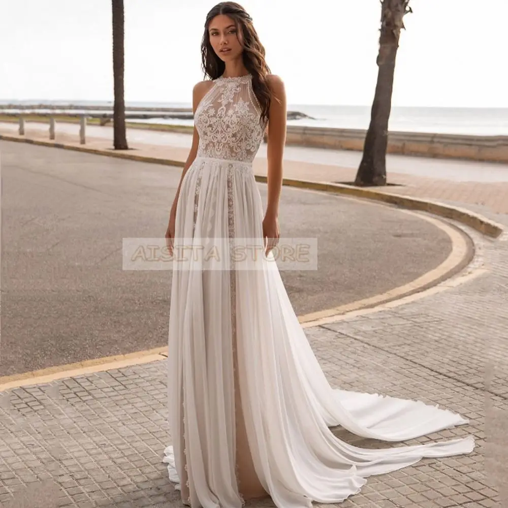 Bohemian Wedding Dresses customized Vintage Sleeveless Backless O-Neck Lace Bridal Gowns Vestido De Noiva Custom Bride Dress