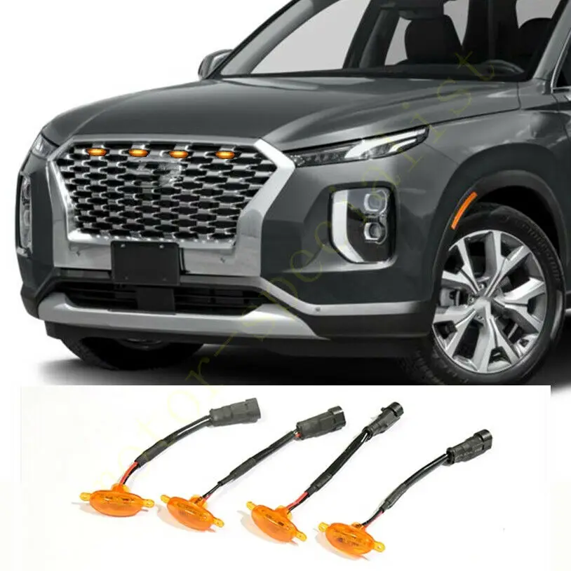 LED Car Front Grille LED Amber Light Raptor Style Light Kit Decor W/ Wire Speed 4Pcs For Hyundai Palisade 2020-2021