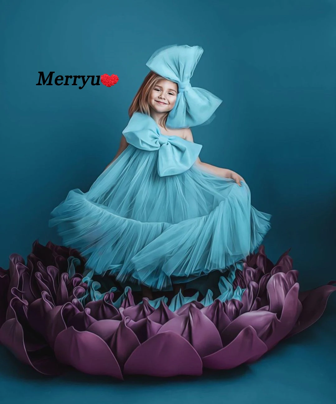 Puffy Layer Blue Flower Girl Dresses One Shoulder Kids Princess Party Dress Big Bow Shoulder Baby First Communion Dresses