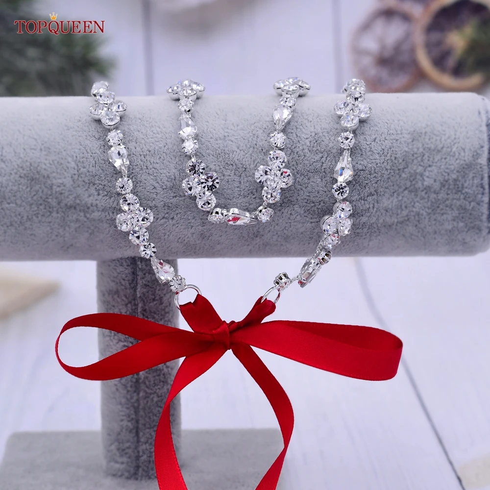 TOPQUEEN S305 Silver Waist Chain Belt for Wedding Bridal Belt Formal Dresses Sash Organza Wedding Belt with Crystals Rhinestone