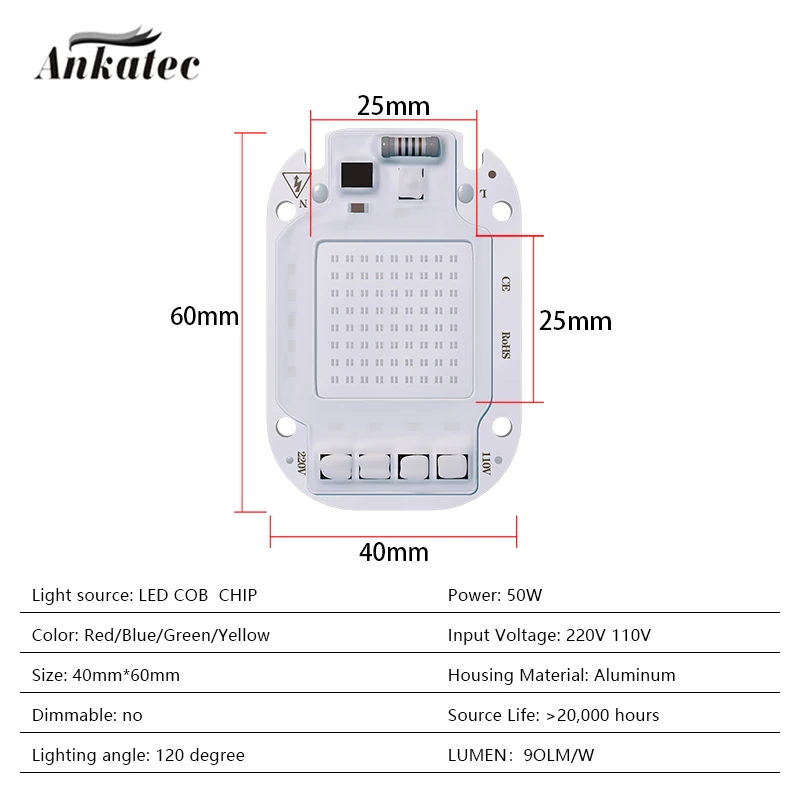 AC 110V 220V LED Chip 50W COB Chip No Need Driver Lamp Beads for Flood Light Spotlight Lamp DIY Red Green Blue White Lighting