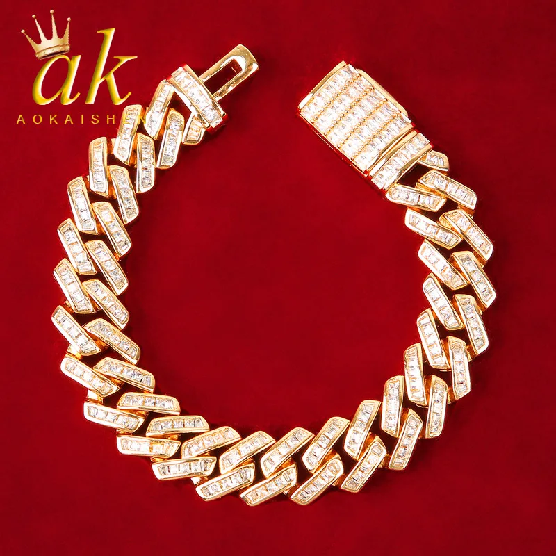 Aokaishen Baguette Cuban Link Bracelet for Men Solid Back Gold Color Hip Hop Jewelry Iced Out Charms Rapper