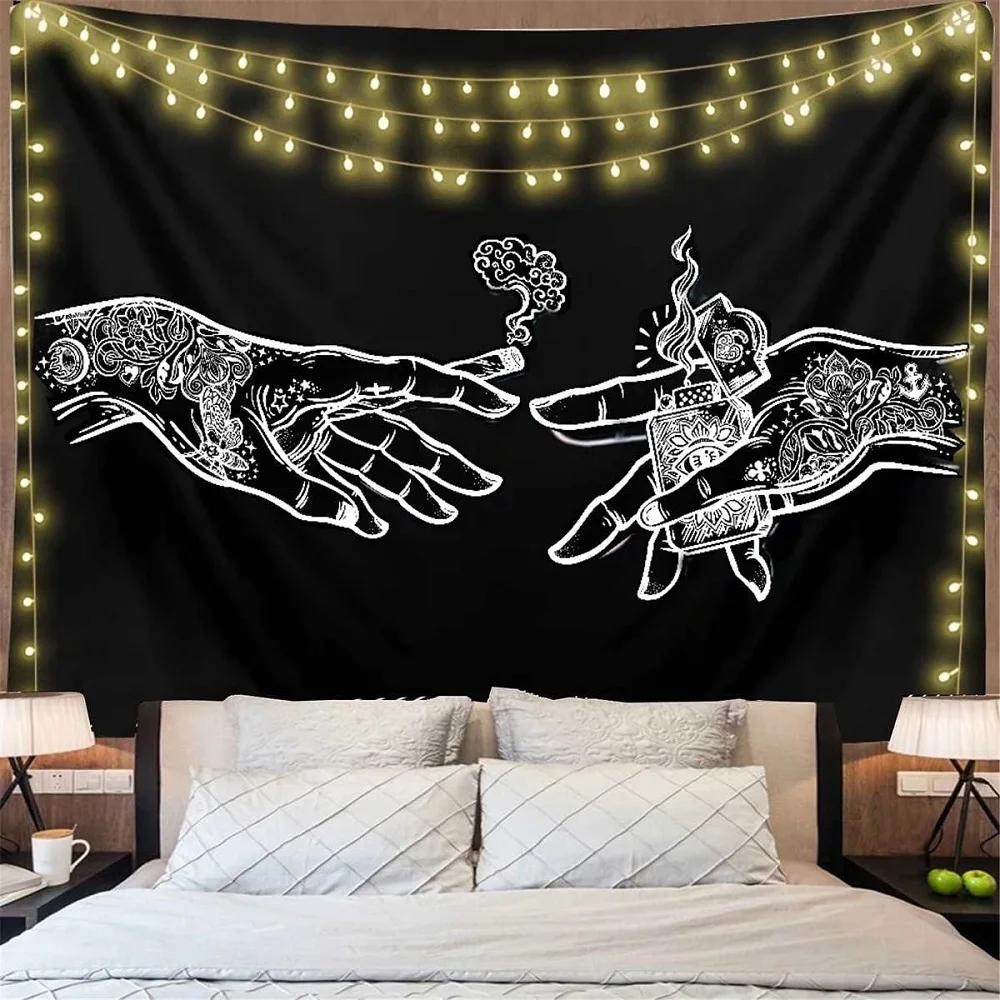 Black White Cigarette Hand Mandala Tapestry Wall Hanging Celestial Psychedelic Tapestries Hippie Wall Carpet For Dorm Decor