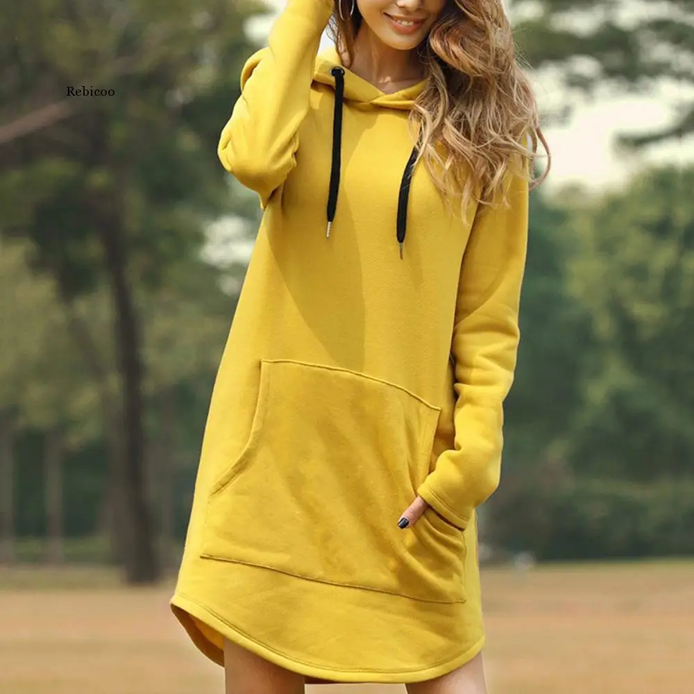 

Women Fashion Hoodies Dress Spring Solid Big Pocket Sweatshirt Korean Pop Hoody Casual Long Tops Pullover