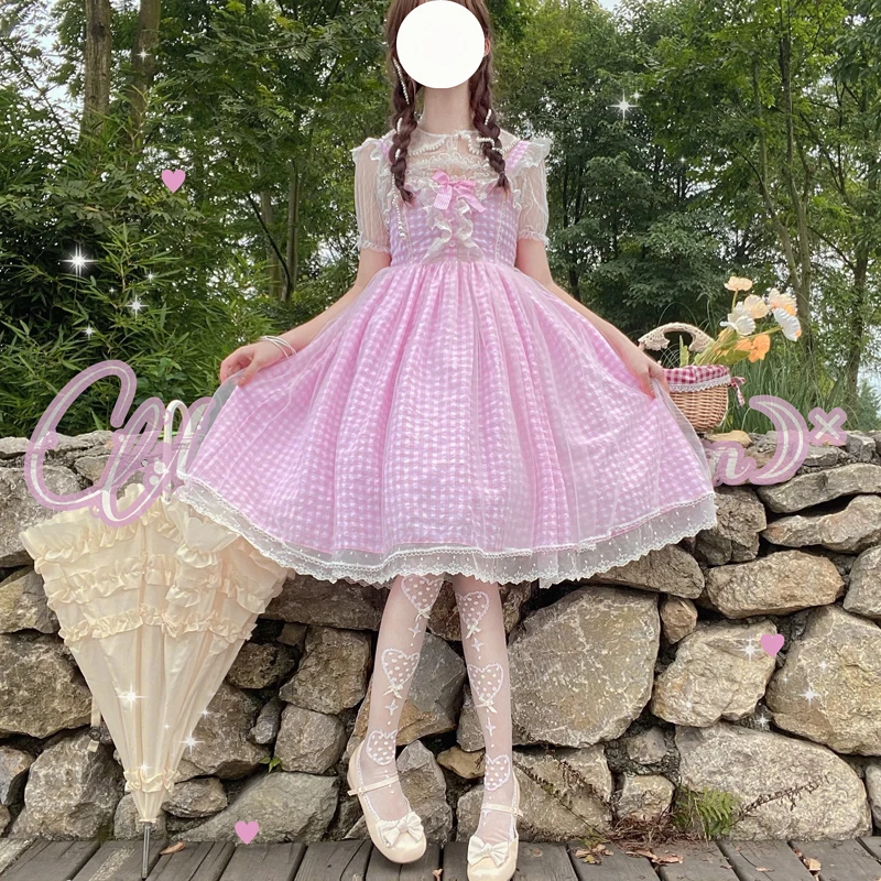 Kawaii Japanese Sweet Lolita Style Soft Girly Dress Vintage Square Collar Cartoon Cute Bow Sleeveless Ruffles Plaid JSK Dresses