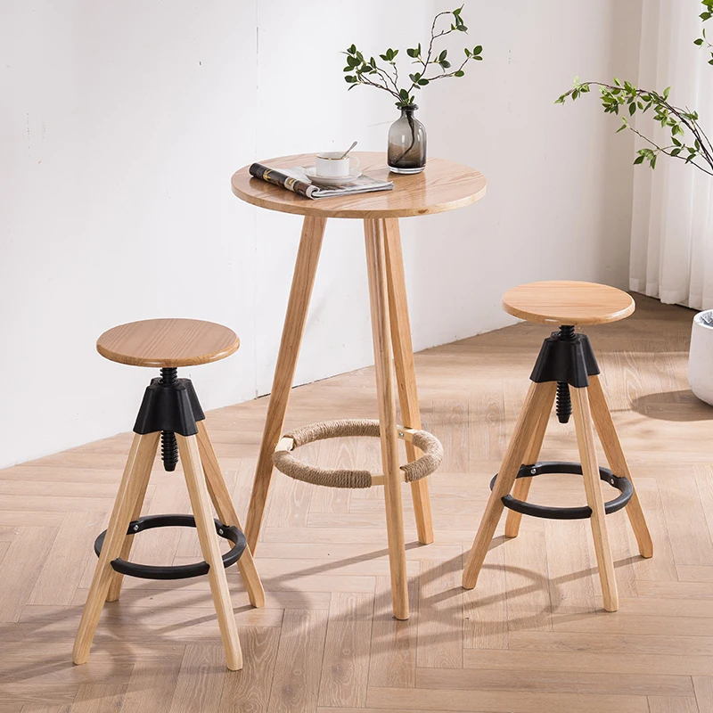 Solid Wood Lifting Bar Stools Nordic Home Bar Chairs Milk Tea Shop Front Desk Chairs Modern Minimalist Rotating High Stools