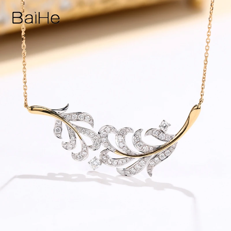 BAIHE Solid 18K White Yellow Gold H/SI Natural Diamond Feather Necklace Women Clavicle Chain Fine Jewelry Making collar plumas