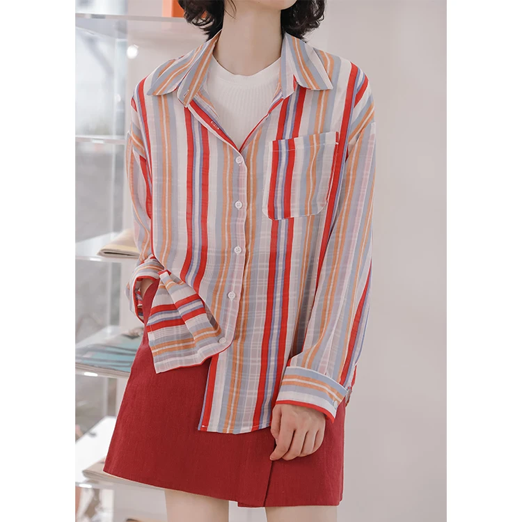 CHEERART Chiffon Striped Button Up Collared Shirt For Women Long Sleeve Top And Blouses Red Green Casual Loose Shirt