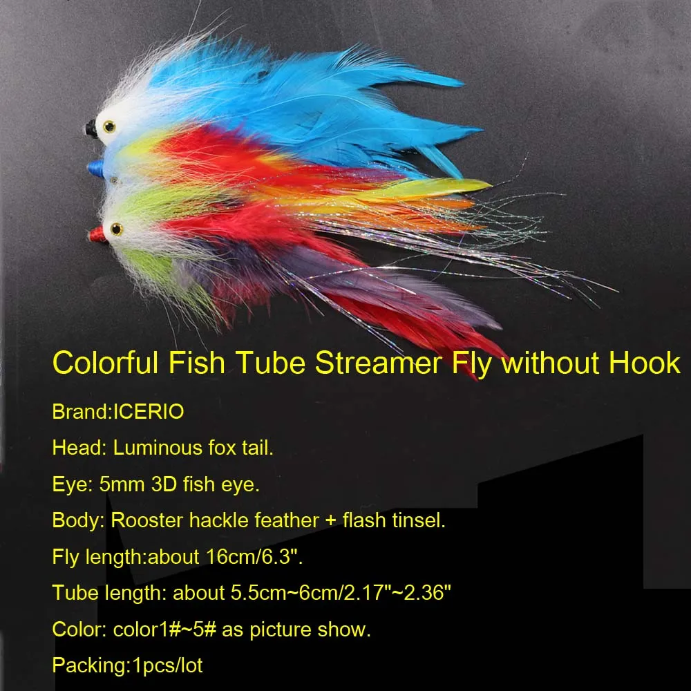 ICERIO 2PC 3D Mata Ikan Warna-warni Bercahaya Tabung Ekor Rubah Streamer Terbang Tanpa Kait Ayam Retas Air Asin Pike Bass Memancing Terbang Umpan