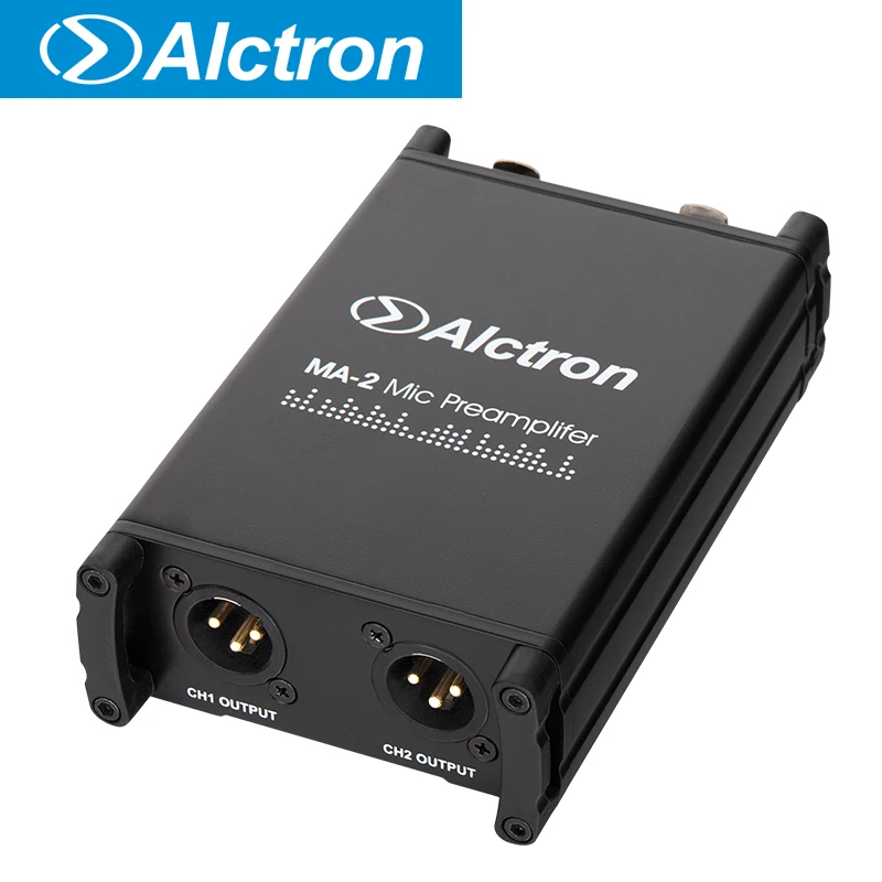 ALCTRON MA-2 amplificador de micrófono de doble canal con XLR, carcasa metálica de alta calidad.