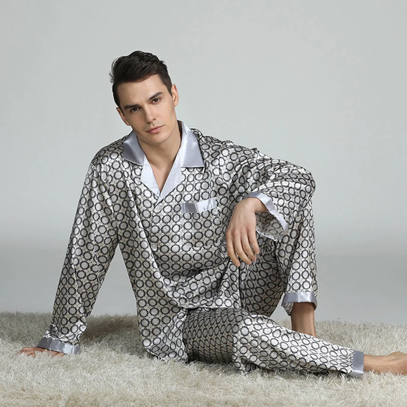 New Men's Satin Long Sleeve Long Pants Pajamas Sets Silk Night-suit Twp Pieces Printing Pyjamas Novelty Clothes Pajamas