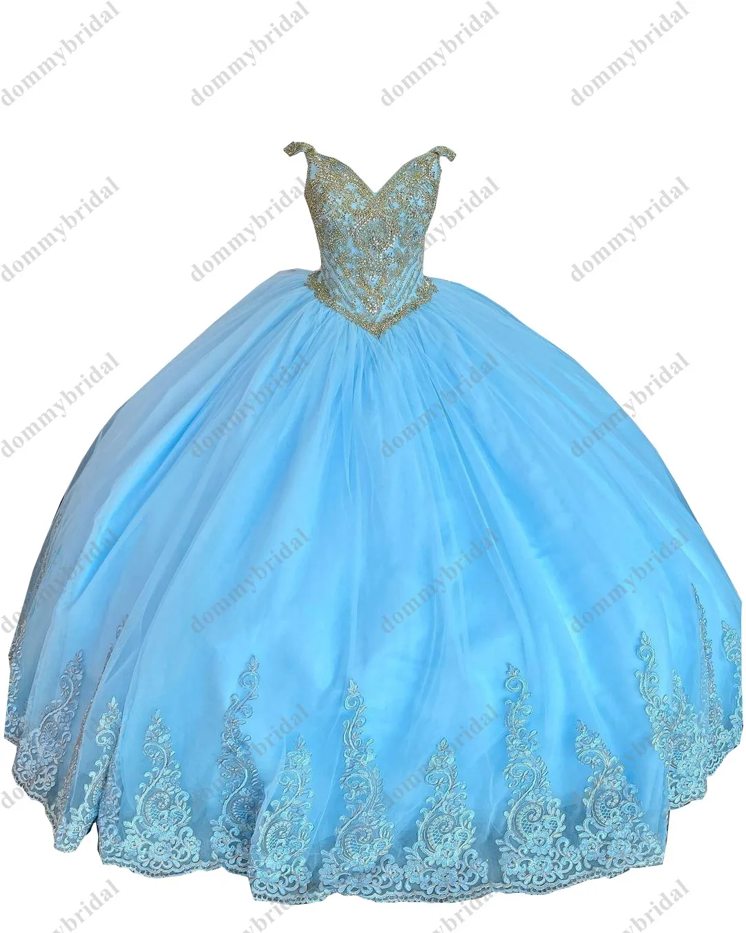 Modest Light Blue and Gold Embellishment Ball gown Quinceanera Dress Cocktail Party Prom Dresses for Girls Mexican Sweet 15 16