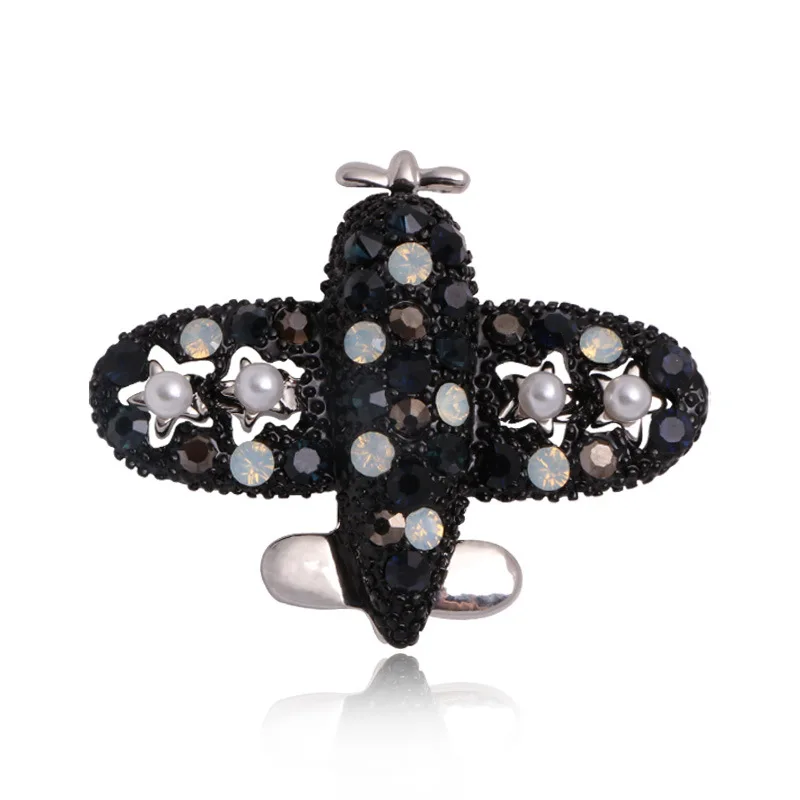 

New Arrival Custom Fashion Design Aircraft Shape Brooches Black Rhinestone Broch For Clothing Accessories