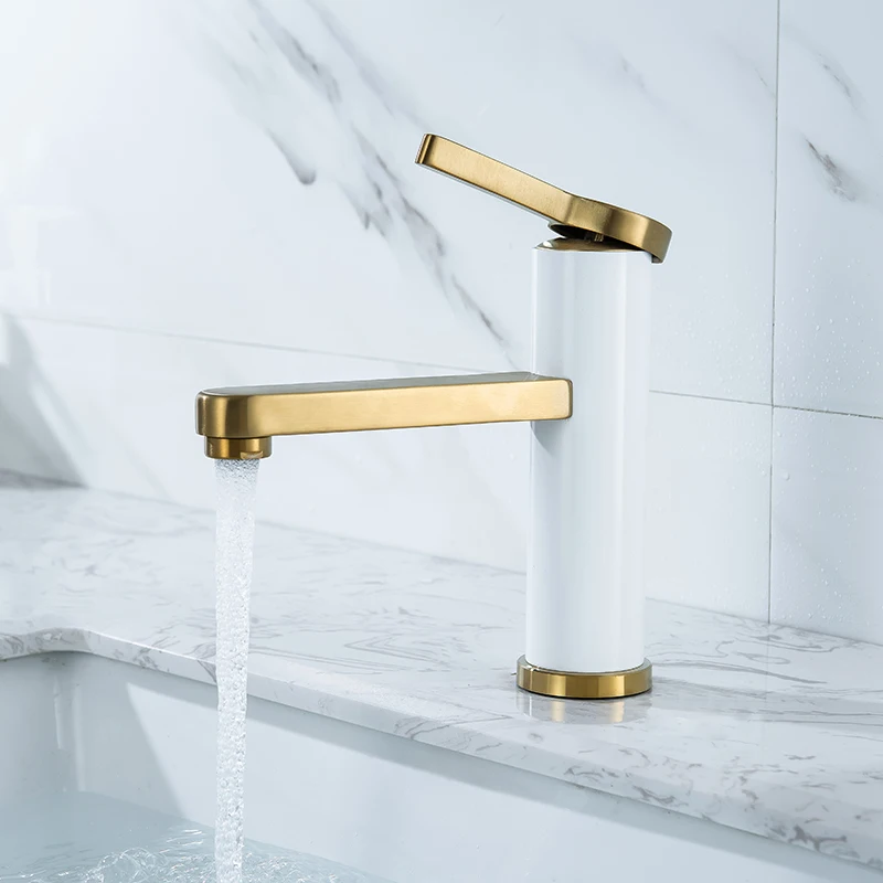 

Basin Faucets Mixer Bathroom Sink Tap Brush Gold and White Brass Washbasin Faucet Single Handle Single Hole Cold & Hot Basin Tap