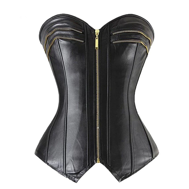 

Sexy Women PU Overbust Corset Top Steampunk Gothic Clothes Lingerie Black Bustiers Zipper Leather Body Shaper Waist Trainer