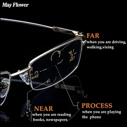 May Flower Titanium Alloy Multifocal Reading Glasses Progressive Half Frame Prescription Eyeglasses Anti-Blue Glass Frame Men +4