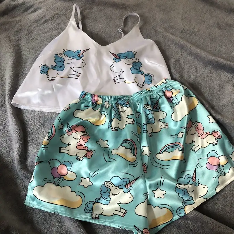 Ensemble pyjama en Satin pour femmes, vêtements de nuit en soie, col en V, Sexy, imprimé de renard, motif de dessin animé mignon, Spaghetti