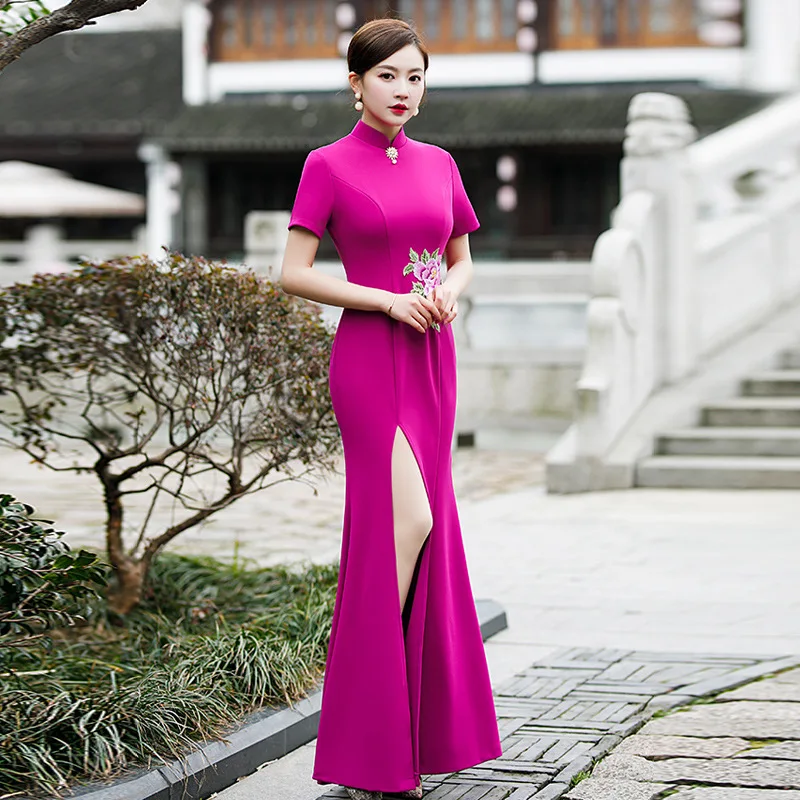 Large Size 3XL-5XL Lady Satin Cheongsam Sexy Shawl Long Qipao Evening Party Dress Traditional Chinese Mandarin Collar Vestidos