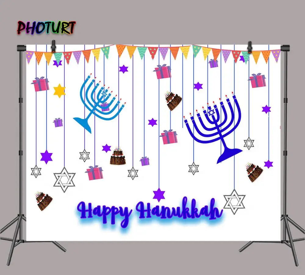 PHOTURT Hanukkah Photography Backdrop Festival Party Background Flag Golden Candle White Vinyl Photo Banner Props