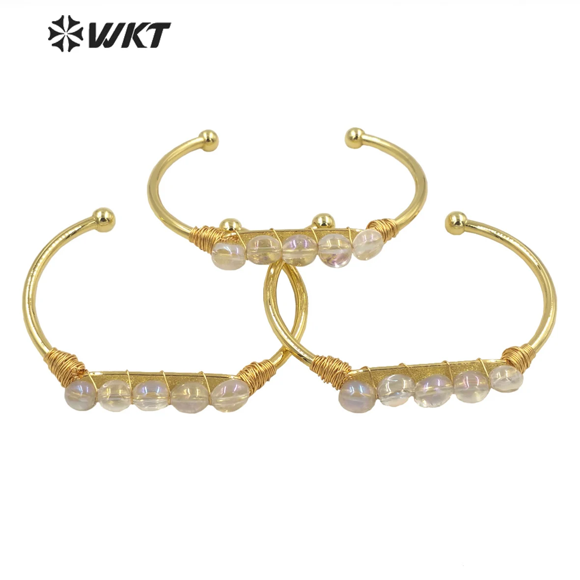 WT-B579 Amazing Fashion Hot Gold Electroplated Natural Crystal Quartz With Aura Bangle Women Spirit Healing Tumbled Stone