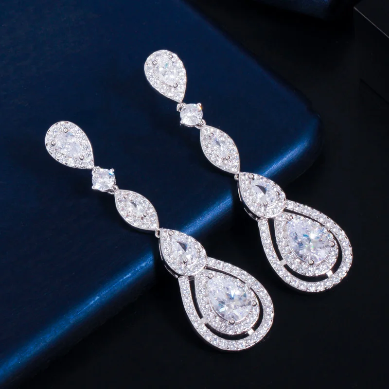 CWWZircons Rose Gold Color Luxury Long Dangle Round Water Drop Elegant CZ Earrings for Women Bridal Wedding Jewelry Dress CZ766