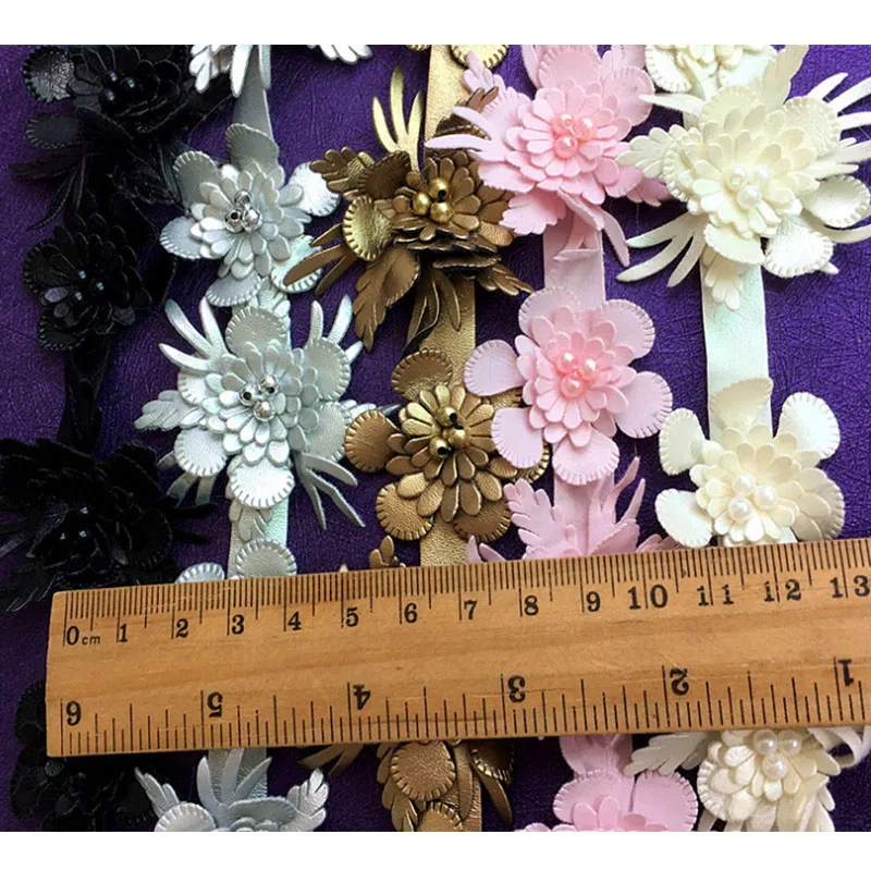 2y Artificial Leather Flower Pearl Embroidered Lace Trim Ribbon Fabric Sewing Supply Craft DIY For Costume Dress Hat Decoration