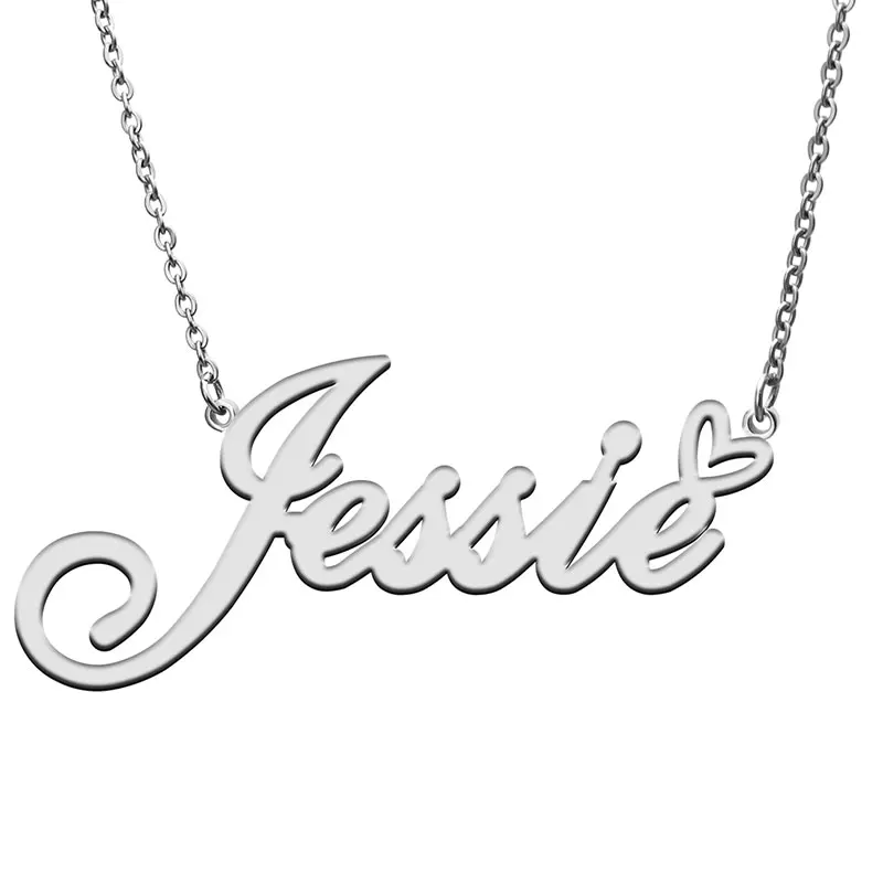 Jessie with Love Heart Name Necklace for Women Stainless Steel Jewelry Nameplate Pendant Femme Mother Child Girls Gift