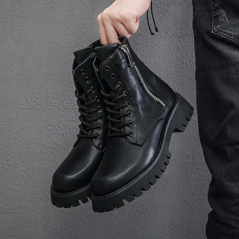 Korean style mens fashion motorcycle boots black white winter shoes warm cotton snow boot genuine leather platform high botas