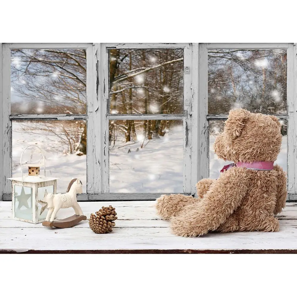 Toy Bear Window Snow View Photo Backdrop Vinyl Cloth Background for Children Baby Home Christmas Photocall Photography Props