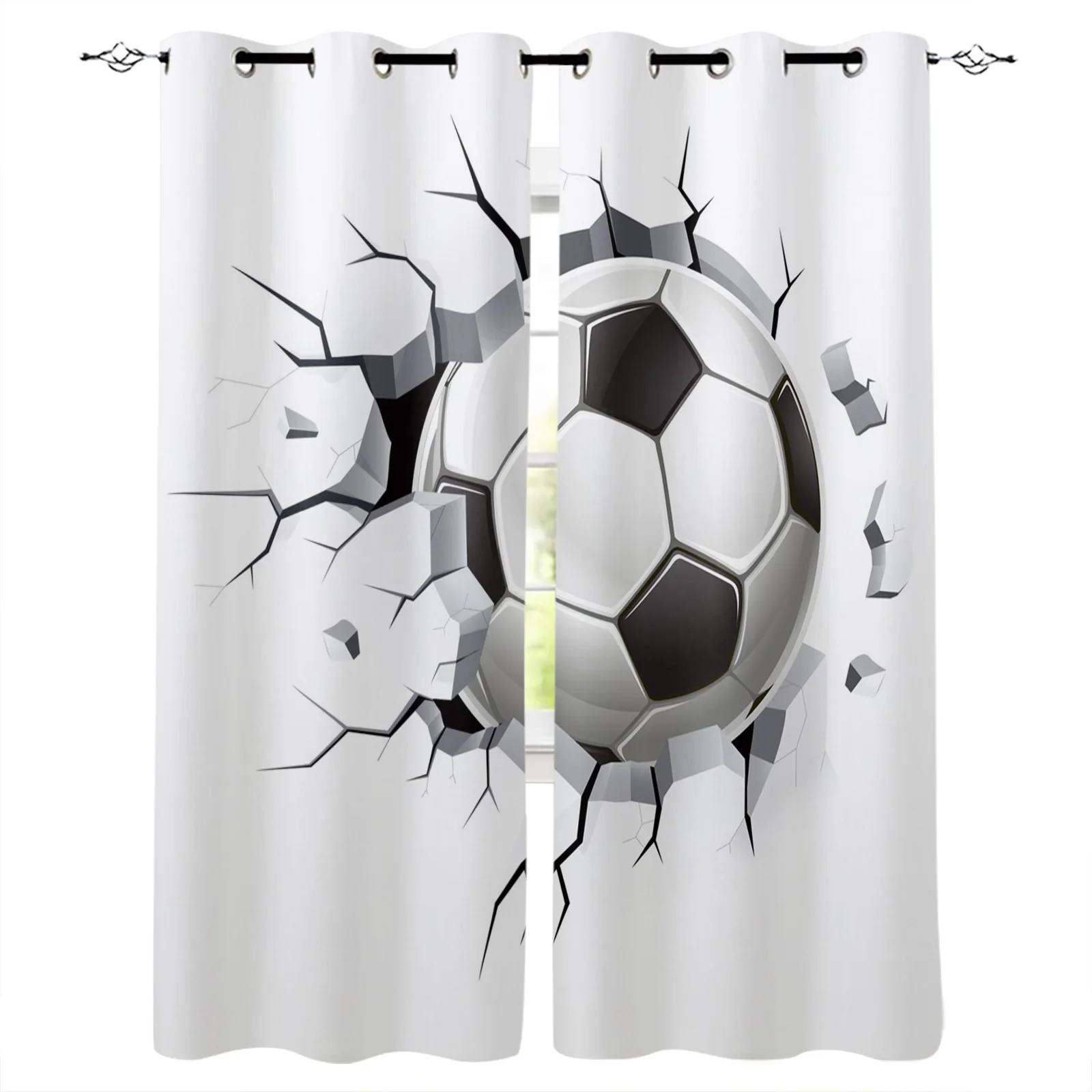 Football Wall Crack Soccer Modern Curtains for Bedroom Living Room Kitchen Finished Window Treatment Drapes