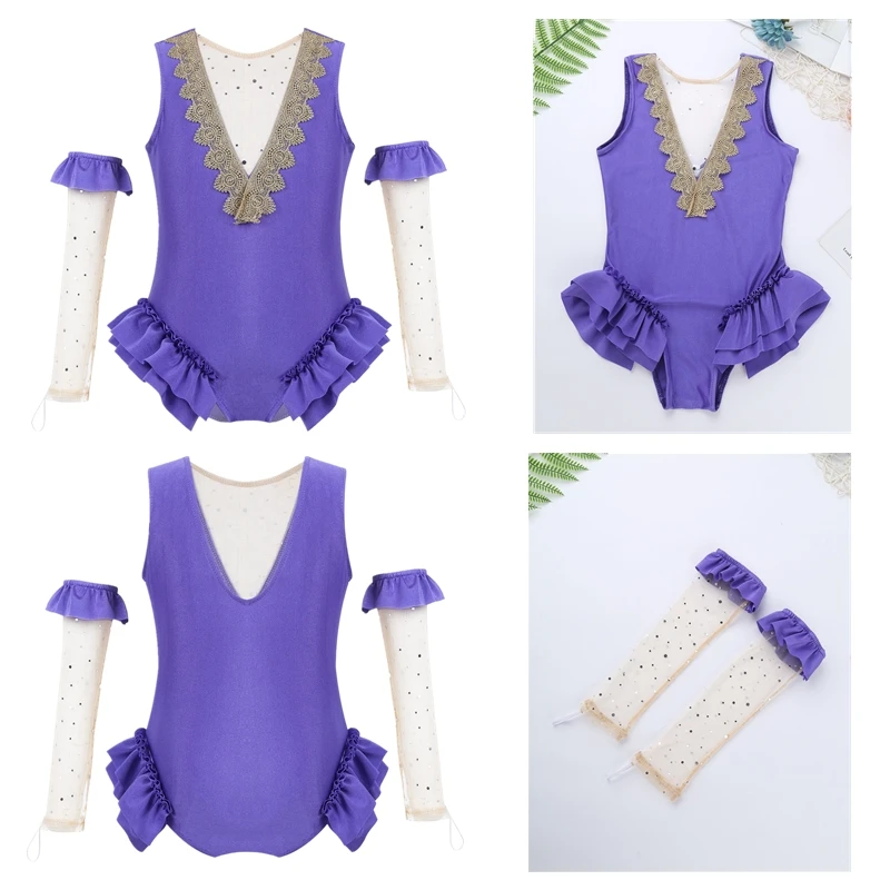 Kids Girls Showman Princess Trapeze Show Costume Sleeveless Mesh Patchwork Back Leotard with Arm Sleeves Halloween Fancy Dress