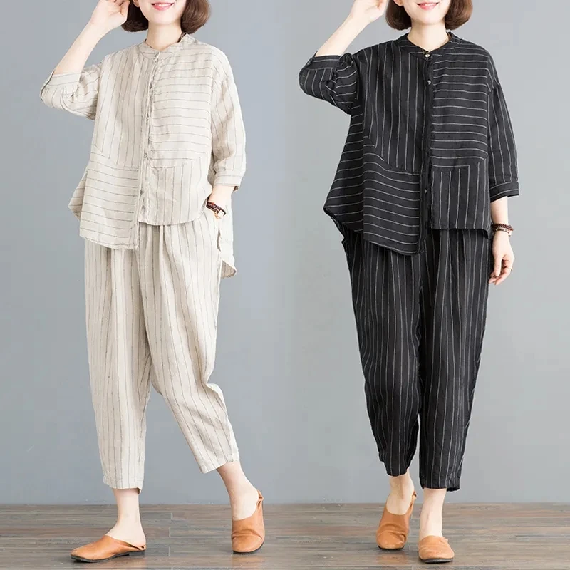 New Large Size Suit Women Clothing Summer Loose Striped Half Sleeve Cotton Linen Shirt Wide-leg Nine-point Pant Two-piece Sets