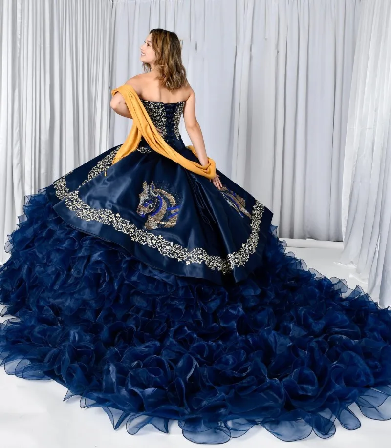 Vestido de quinceañera azul marino, falda con volantes, apliques de cordones, corsé de cuentas, espalda, vestido de baile, dulce 16, 15 años