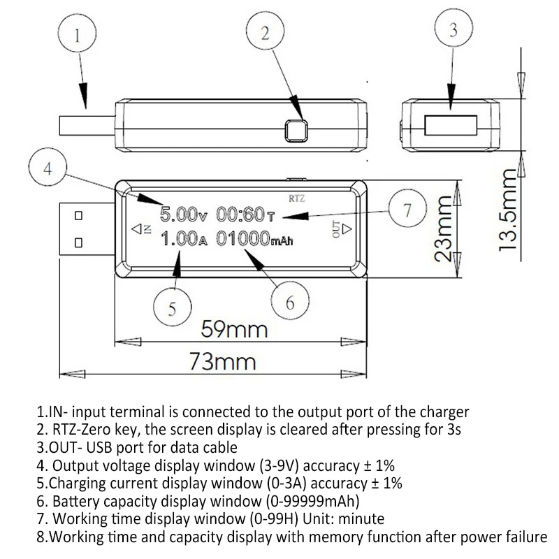 4 in1 Tester USB tensione corrente caricabatterie capacità Tester visualizzazione del tempo misuratore di corrente voltmetro rilevatore amperometro