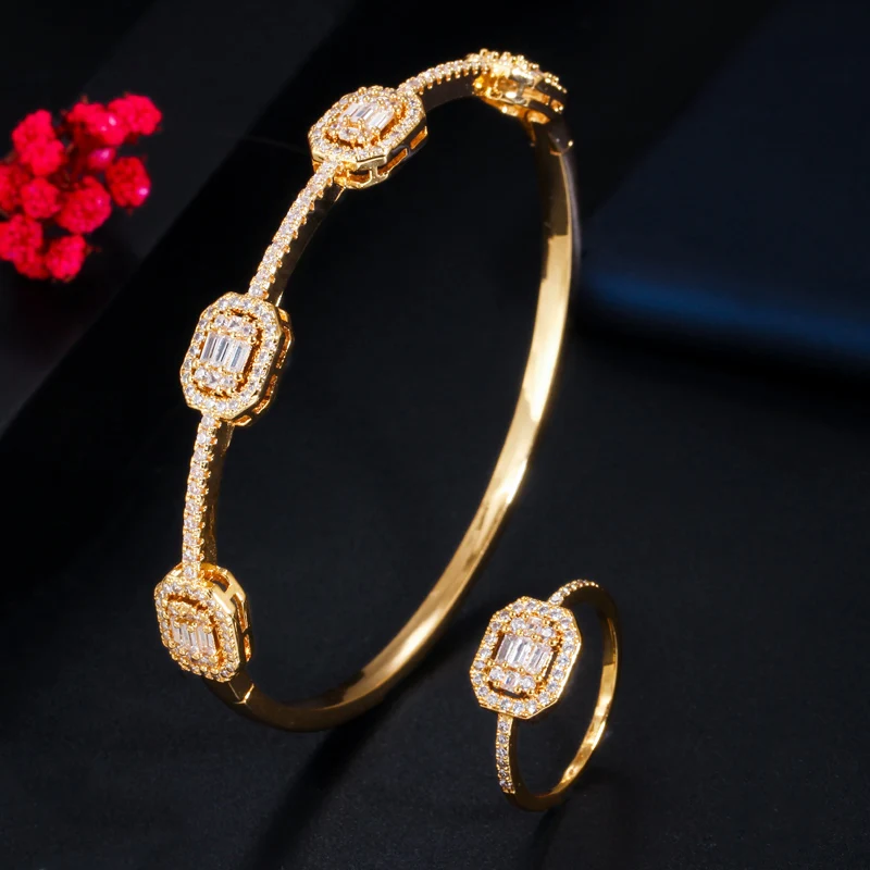 CWWZircons Stackable Square Cubic Zirconia 585 Rose Gold Color Cuff Bangle Braclet Ring Set for Women Fashion Brand Jewelry T100