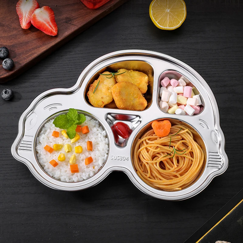 Stainless Steel Children's Tableware Kindergarten Dinner Plate Shatter-resistant Round Grid Tray Factory School Baby Dinner Plat