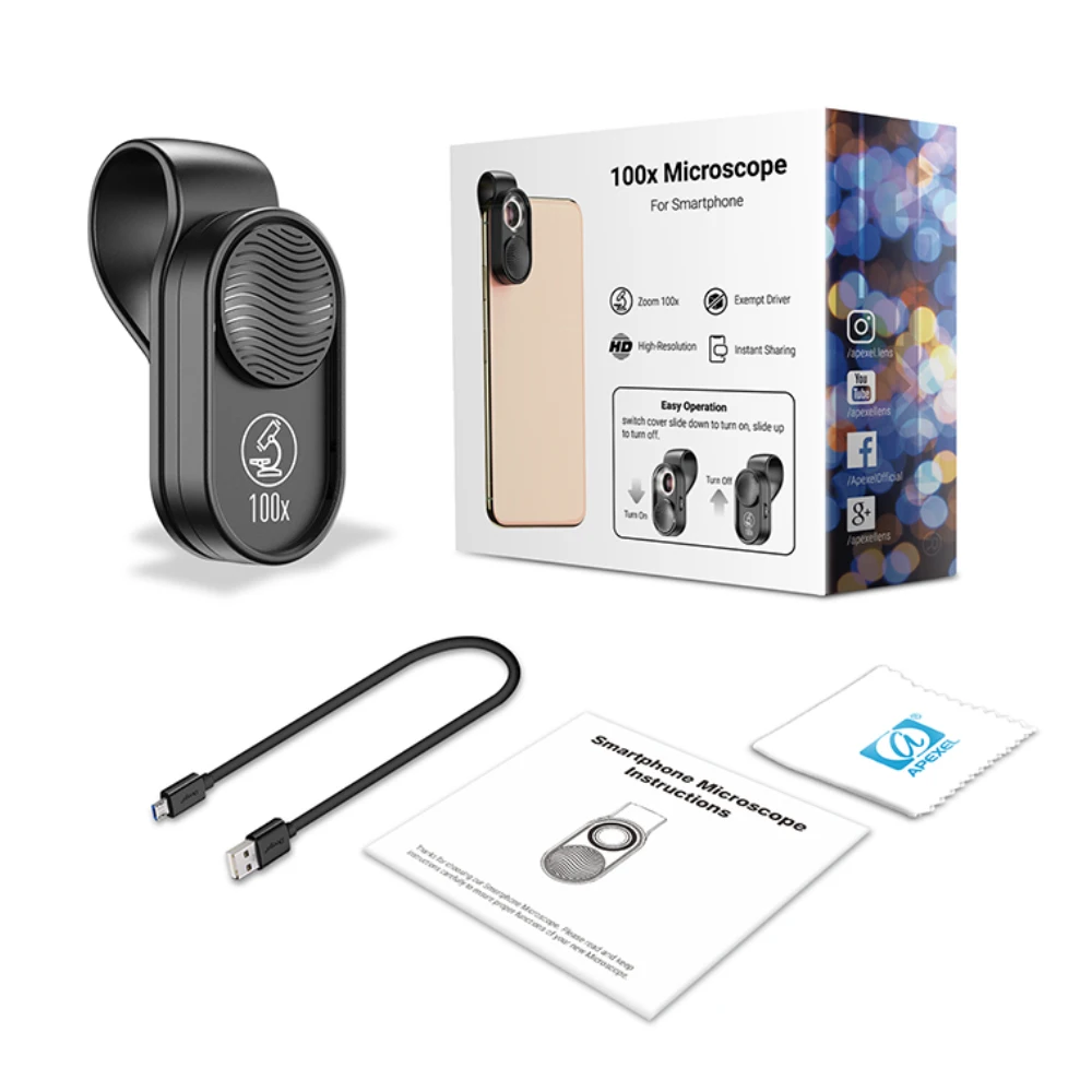 APEXEL 100X Mobile Phone Microscope Micro Lens LED Light Pocket Mini Magnifying Glass Microscopes With Universal Clip For phones