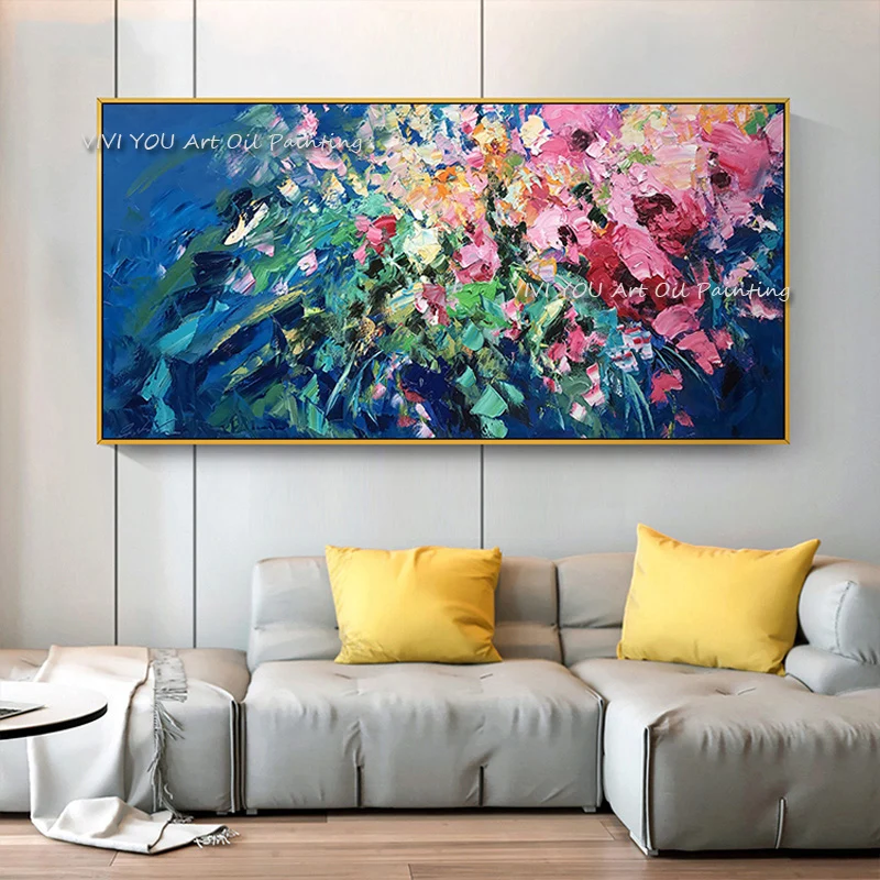 The Best Blue Color Handmade Modern Abstract Thick Oil Painting On Canvas Knife Nature Wall Art Decor for Home Flower Sea Graph