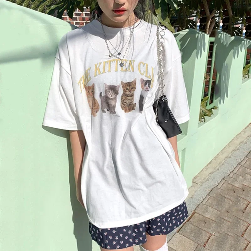 sunfiz Kawaii The Kitten Club Women T Shirt Streetwear White Cotton Short Sleeve Femme Oversized Graphic Tee Cute Grunge Tops