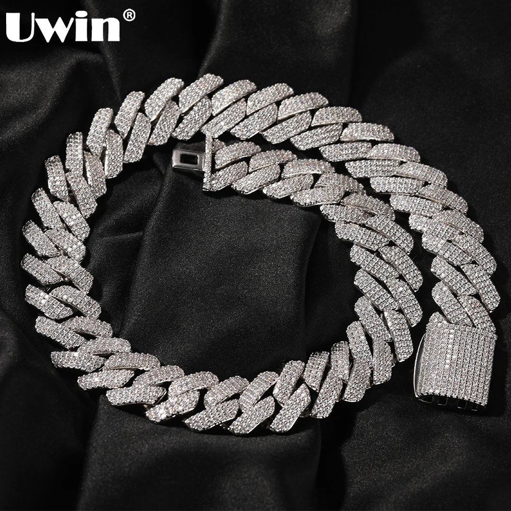 

UWIN 20mm Miami Prong Cuban Chain Necklace 3 Rows Micro Pave Iced Out Round Cubic Zirconia Link Fashion Hip Hop Jewelry for Gift