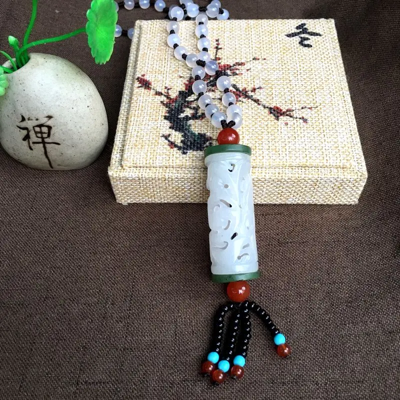 Admirable White jade hollow out sachet cylindrical Pendant Carven Amulet Necklace