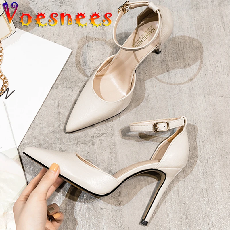 

Summer Women's Pumps One Word Patent Leather Shallow Thin High Heels Solid Color Pointed Shoes Buckle Strap Party Women Shoes