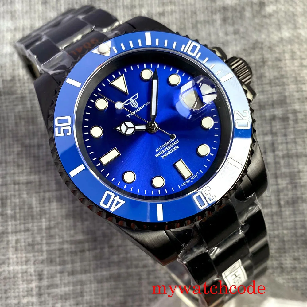 Tandorio 40 mm negro PVD Coatedd pulsera de cristal de zafiro NH35 reloj automático para hombre bisel unidireccional
