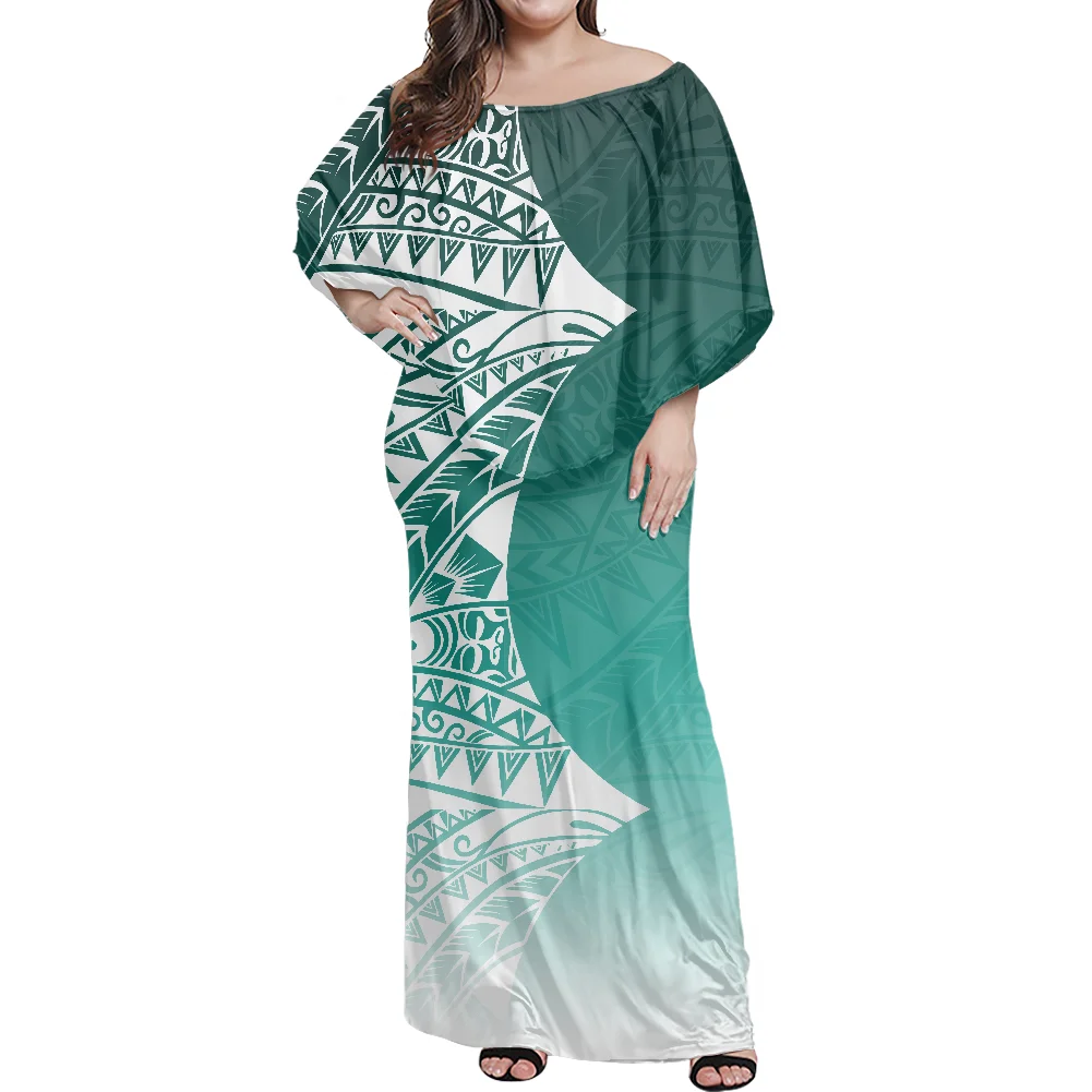 Female Tight Dress Polynesian Tribal Retro Style Print Women Frill Off Shoulder Dress Anti-Wrinkle Customizable Patterns