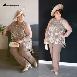 Vestido de encaje para madre de la novia, traje de 2 piezas con Apliques de encaje real, manga larga para novio de boda, talla grande, 2023