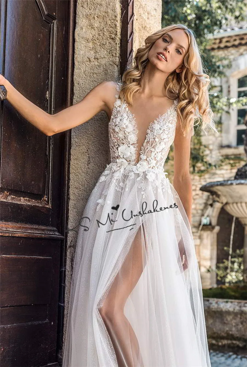 2021 nova moda boho vestido de casamento rendas flores do vintage vestidos de noiva vestidos divisão lado glitter tule ilusão mariage