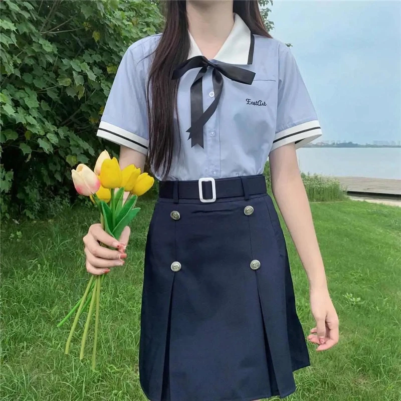 Mulheres Meninas JK Uniforme Coréia Estilo Universitário Pacote Saia Hip Azul Manga Curta Tailandês Uniforme Estudante Set Top Conjuntos de Combinação NOVO